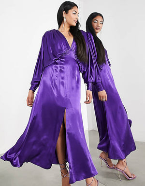 purple batwing dress FASHION SZN Plus Size Pleated Plisse Batwing Elegant Maxi Dress Formal Occasion Wedding Guest Dress Long Dresses Plus Size Summer Vacation Outfit Loose Fit Elasticated Waist Comfortable Evening Dress Elegant