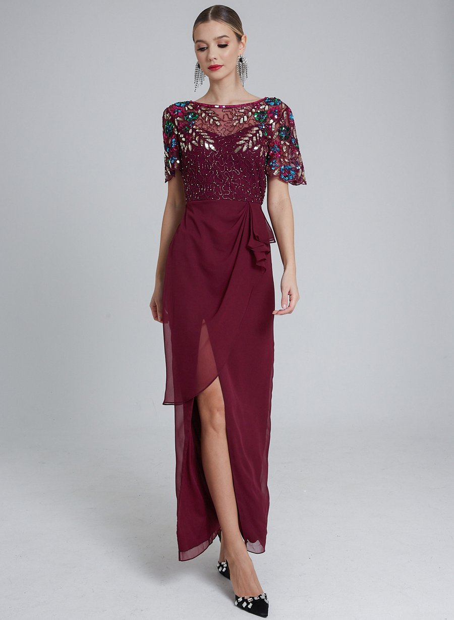 virgos lounge burgundy dress Virgos Lounge Ariann full maxi dress with emellishment in wine