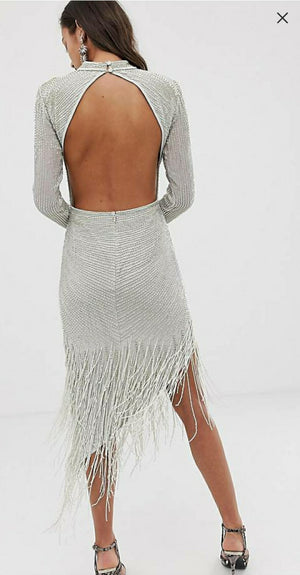 asos edition starburst midi dress with fringe ASOS DESIGN paillette sequin embellished fringe midaxi dress in silver
