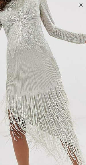 asos edition starburst midi dress with fringe ASOS EDITION embellished pastel fringe cami midi dress in silver